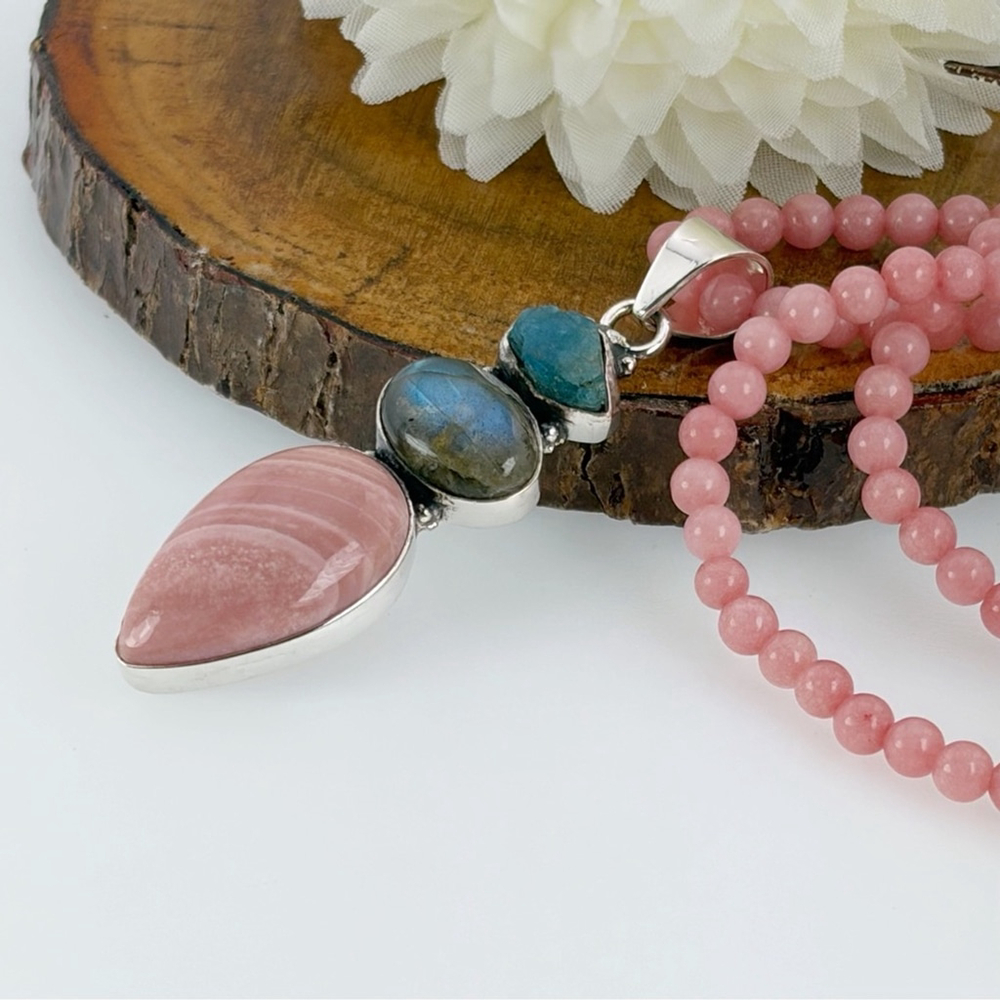 Raw Apatite Labradorite & Pink Opal Cluster Pendant Necklace Southwest Boho 925 - Picture 6 of 9